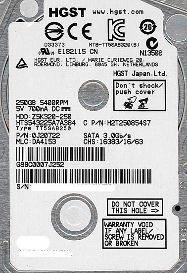 【新品】HITACHI ノート用HDD 2.5inch　HTS543225A7A384　250GB
