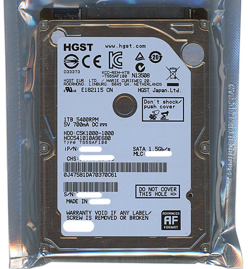 【新品】HGST製HDD 2.5inch　HCC541010A9E680　1TB 9.5mm