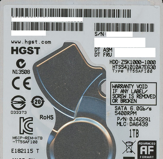 【新品】HGST製HDD 2.5inch　HTS541010A7E630　1TB 7mm