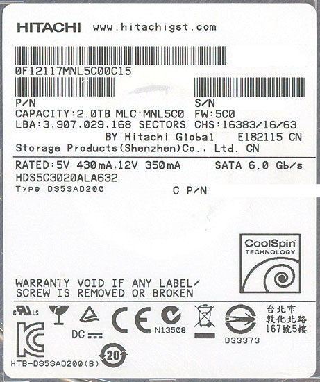 【新品】HITACHI製HDD　HDS5C3020ALA632　2TB SATA600