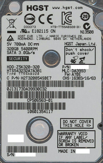 【新品】HITACHI ノート用HDD 2.5inch　HTS543232A7A381　320GB