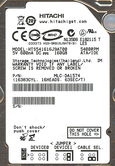 【新品】HITACHI ノート用HDD 2.5inch　HTS541616J9AT00　160GB