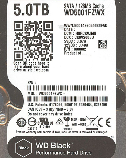 【新品】Western Digital製HDD　WD5001FZWX　5TB SATA600 7200