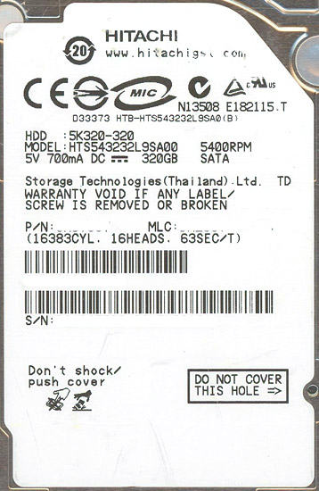 【新品】HITACHI ノート用HDD 2.5inch HTS543232L9SA00 320GB