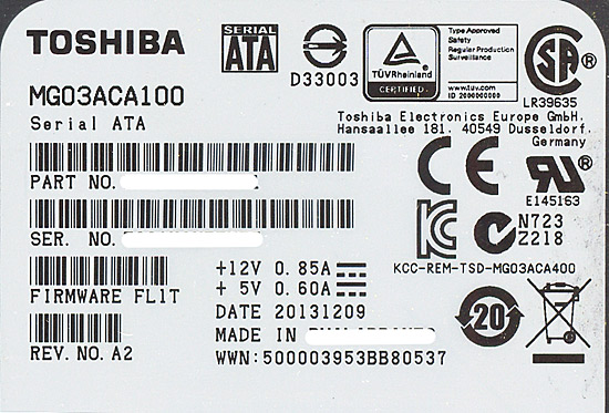 【新品】TOSHIBA製HDD　MG03ACA100　1TB SATA600 7200