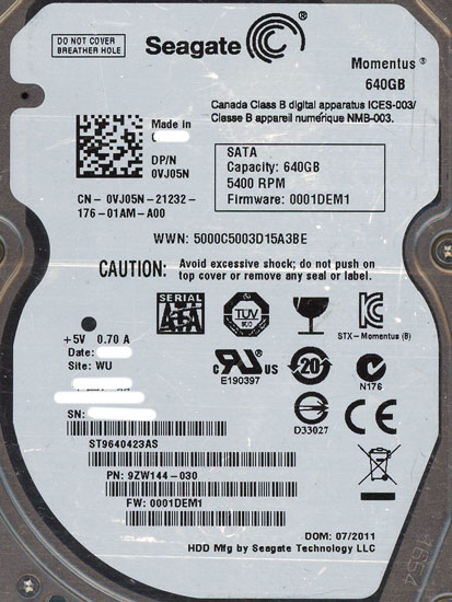 【新品】SEAGATE製HDD　ST9640423AS　640GB 9.5mm