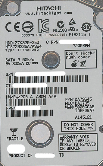 【新品】HITACHI ノート用HDD HTS723225A7A364 250GB 7mm 7200rpm