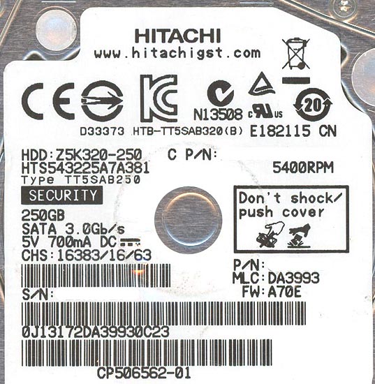【新品】HGST製HDD 2.5inch　HTS543225A7A381　250G 7mm