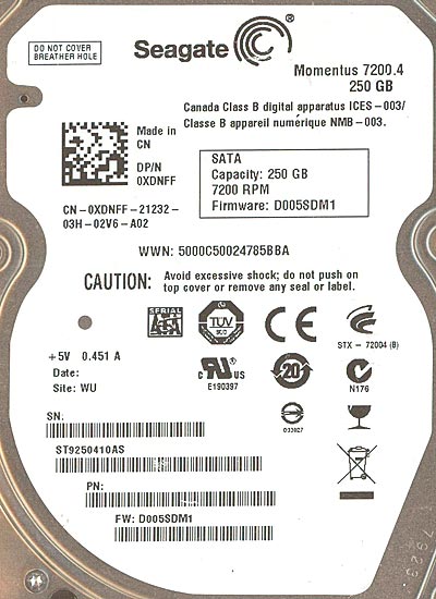 【新品】SEAGATE ノート用HDD 2.5inch　ST9250410AS　250G 9.5mm