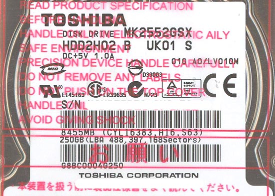 【新品】TOSHIBA(東芝) ノート用HDD 2.5inch　MK2552GSX　250G 9.5mm