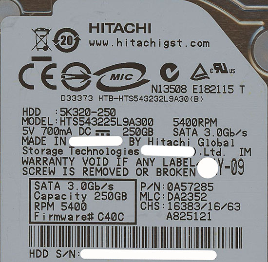 【新品】HITACHI ノート用HDD 2.5inch HTS543225L9A300 250GB