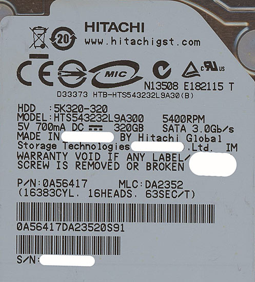 【新品】HITACHI ノート用HDD 2.5inch HTS543232L9A300 320GB