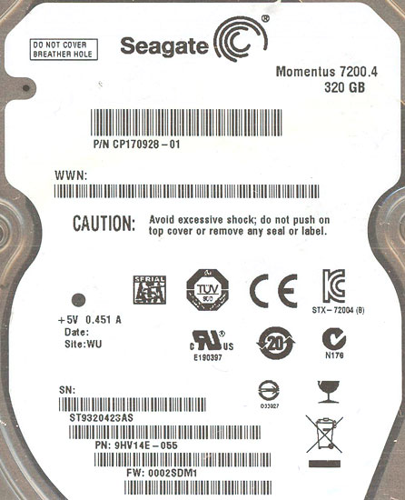 【新品】SEAGATEノート用HDD 2.5inch　ST9320423AS　320GB 9.5mm