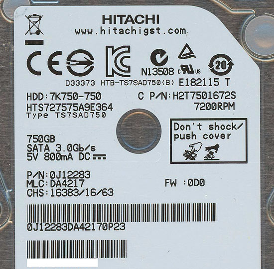 【新品】HITACHI ノート用HDD　HTS727575A9E364　750GB 9.5mm