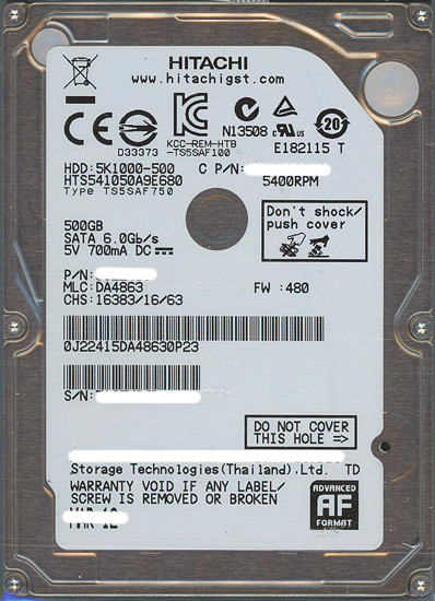 【新品】HITACHI ノート用HDD 2.5inch　HTS541050A9E680　500GB