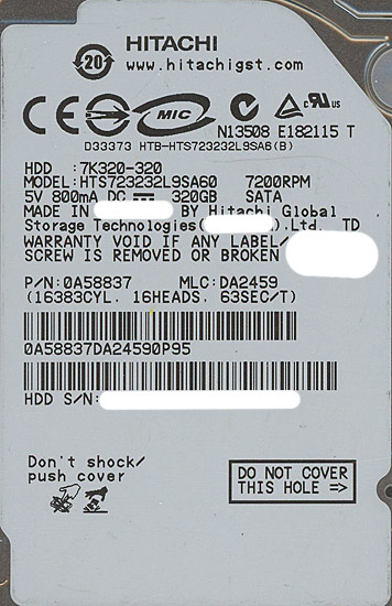 【新品】HITACHI ノート用HDD　HTS723232L9SA60　320GB 7200rpm