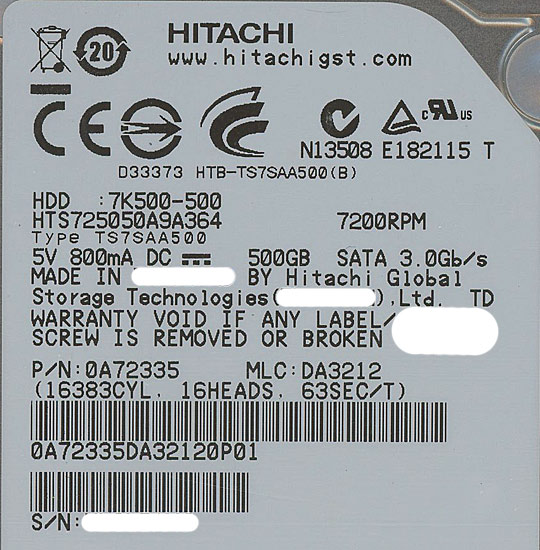 【新品】HITACHI ノート用HDD HTS725050A9A364 500GB 7200rpm