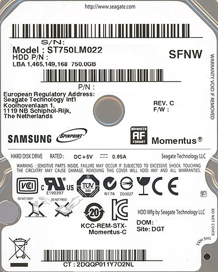 【新品】SEAGATE ノート用HDD 2.5inch ST750LM022 750GB 9.5mm