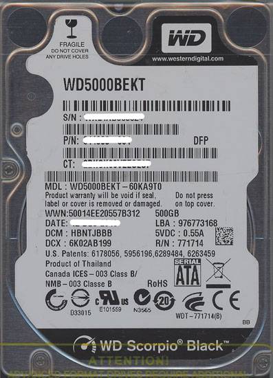【新品】WesternDigital HDD 2.5inch　WD5000BEKT　500GB 9.5mm