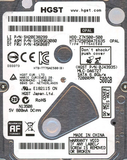 【新品】HGST製HDD 2.5inch　HTS725050A7E635　500GB 7mm
