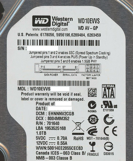 【新品】Western Digital製HDD　WD10EVVS　1TB SATA300