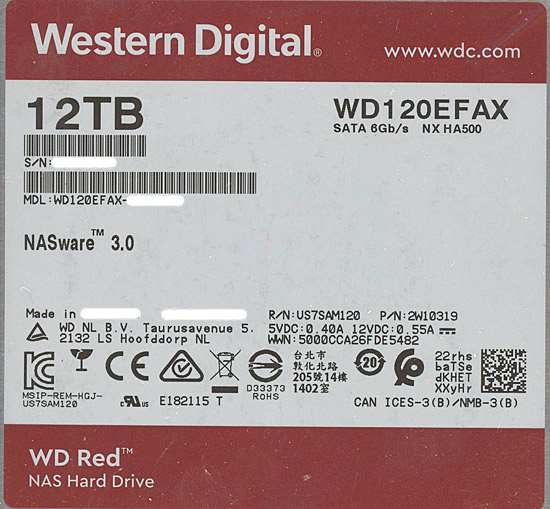 【新品】Western Digital製HDD　WD120EFAX　12TB SATA600 5400