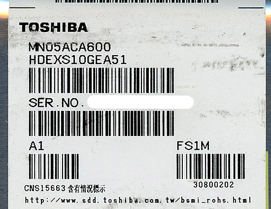 【新品】TOSHIBA製HDD　MN05ACA600　6TB SATA600 7200