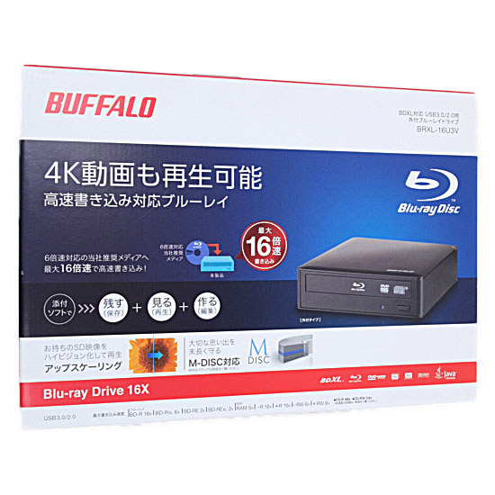 【新品】BUFFALO　4K動画再生対応 外付けブルーレイドライブ BRXL-16U3V