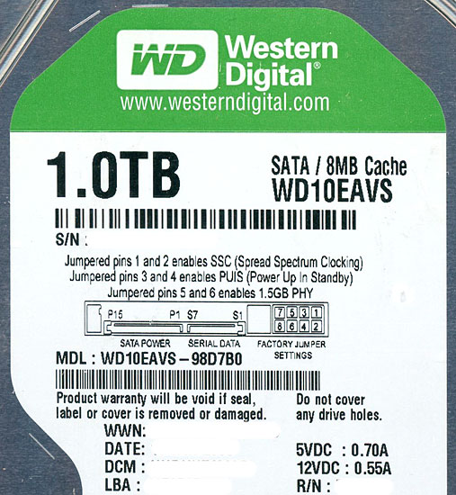 【新品】Western Digital製HDD　WD10EAVS　1TB SATA300