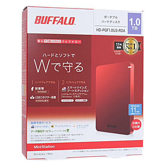【新品】BUFFALO製PortableHD　HD-PGF1.0U3-RDA　1TB　レッド