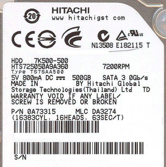 【新品】HGST製HDD 2.5inch　HTS725050A9A360　500GB 9.5mm