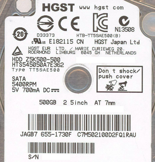 【新品】HGST製HDD 2.5inch HTS545050A7E362 500GB 7mm