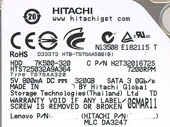 【新品】HITACHI ノート用HDD HTS725032A9A364 320GB 7200rpm