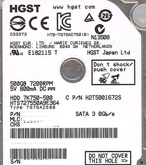 【新品】HITACHI ノート用HDD　HTS727550A9E364　500GB 7200rpm
