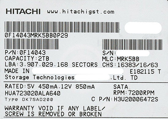 【新品】HITACHI製HDD　HUA723020ALA640　2TB SATA600 7200