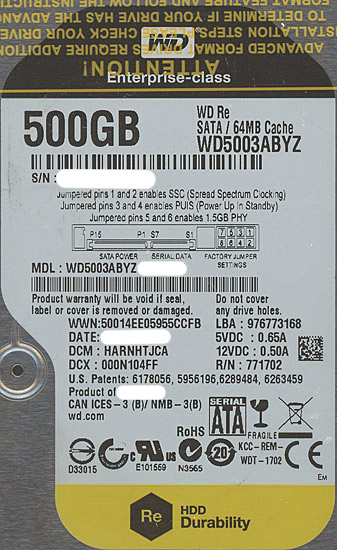 【新品】Western Digital製HDD　WD5003ABYZ　500GB SATA600 7200