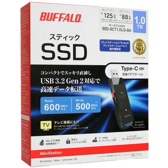 【新品】BUFFALO　スティック型外付けSSD　SSD-SCT1.0U3-BA　1TB　ブラック