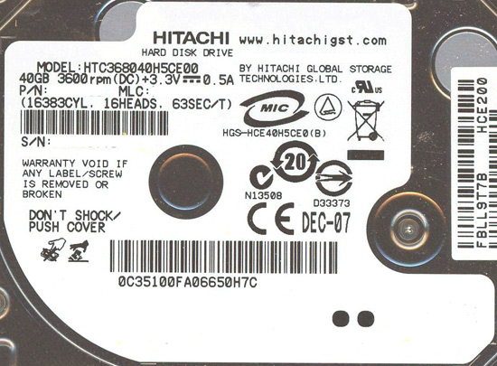 【新品】HITACHI ノート用HDD 1.8inch　HTC368040H5CE00　40GB 5mm
