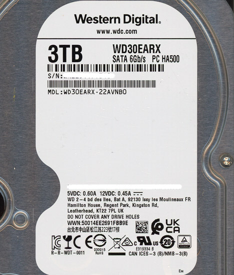 【新品】Western Digital製HDD　WD30EARX　3TB SATA600