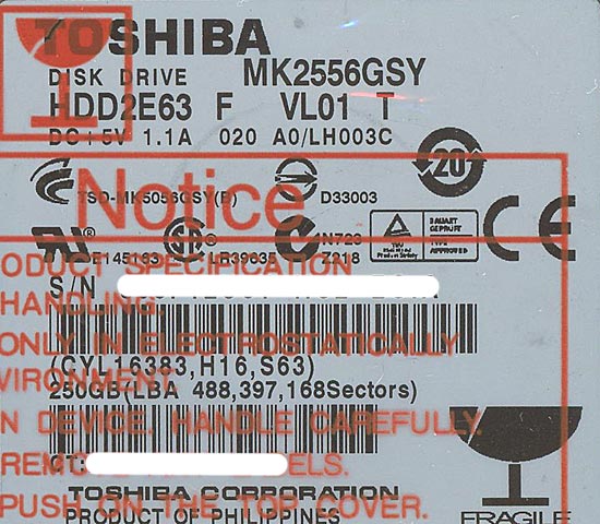 【新品】TOSHIBA(東芝) ノート用HDD 2.5inch　MK2556GSY　250GB