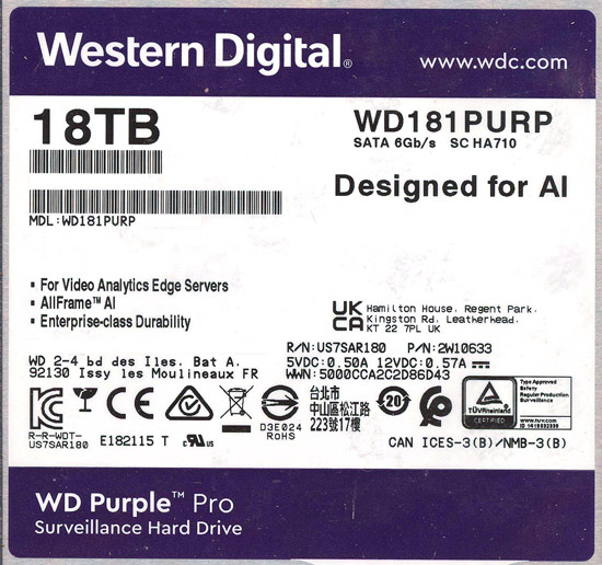 【新品】Western Digital製HDD　WD181PURP　18TB SATA600 7200