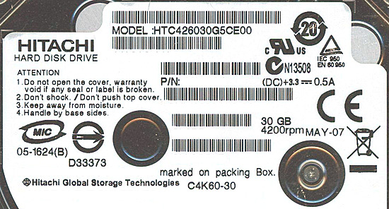 【新品】HITACHI ノート用HDD 1.8inch　HTC426030G5CE00　30GB 8mm