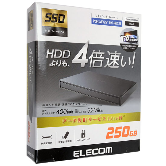 【新品】ELECOM　外付けポータブルSSD　ESD-EJ0250GBKR　ブラック　250GB