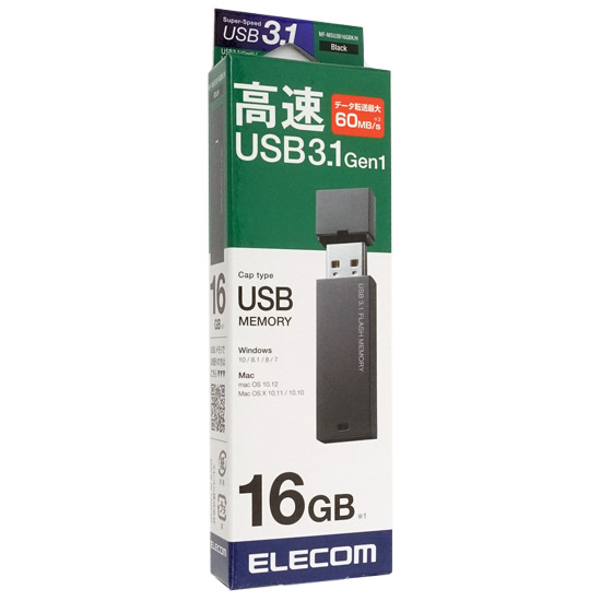 【新品】ELECOM　USB3.1対応キャップ式USBメモリ　MF-MSU3B16GBK/H　16GB