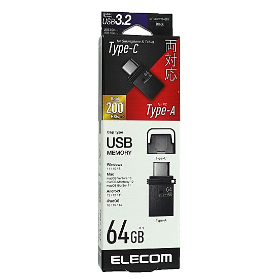 【新品】ELECOM　Type-C対応USBメモリ　MF-CAU32064GBK　64GB ブラック