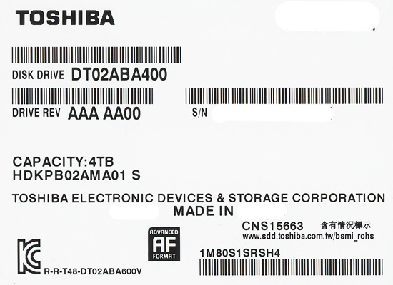 【新品】TOSHIBA製HDD　DT02ABA400　4TB SATA600 5400