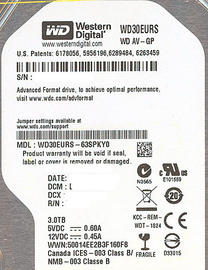 【新品】Western Digital製HDD　WD30EURS　3TB SATA300