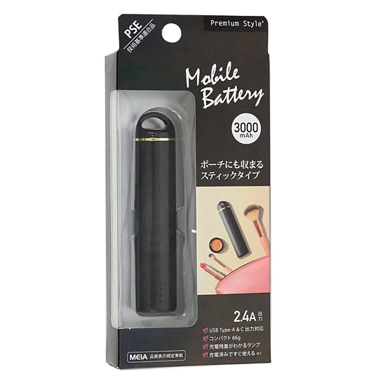 【新品】【新品(開封のみ)】 PGA　スティック型モバイルバッテリー 3000mAh PG-LBJ30A01BK　ブラック