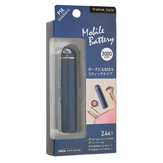【新品】【新品(開封のみ)】 PGA　スティック型モバイルバッテリー 3000mAh PG-LBJ30A05NV　ネイビー