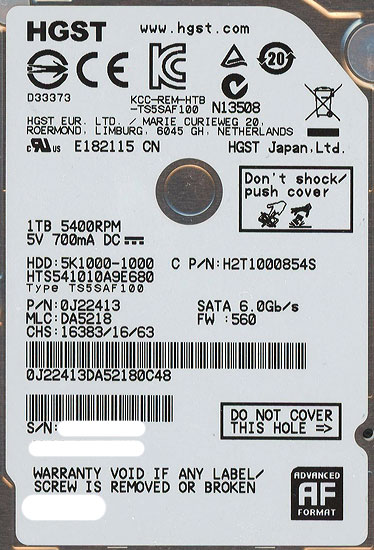 【新品】HITACHI ノート用HDD 2.5inch　HTS541010A9E680　1TB